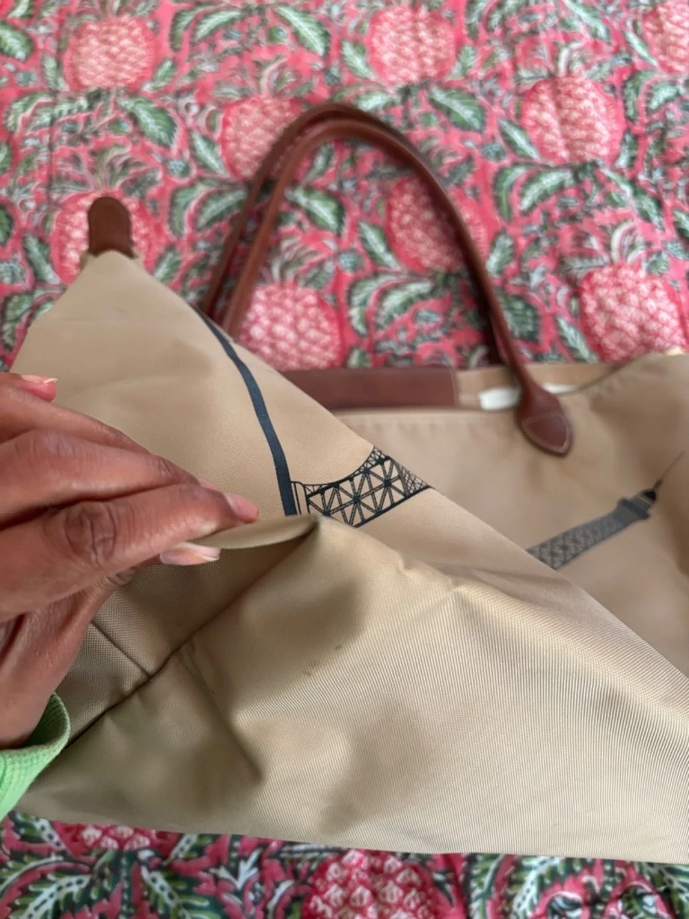 Longchamp Beige Tote with Black Eiffel Tower and Brown Trim - Picture 10 of 13